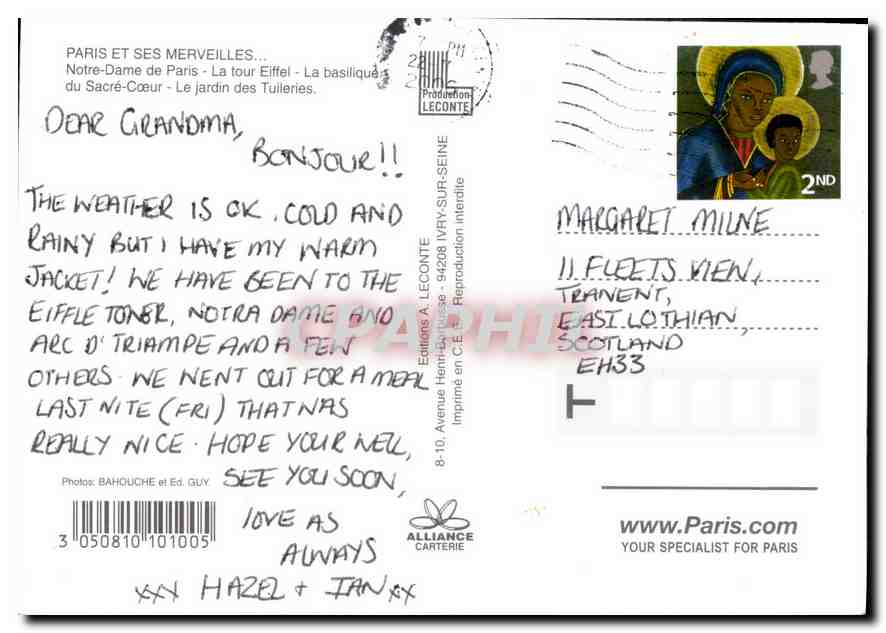 CPM Paris et ses Merveilles Notre Dame de Paris La Tour Eiffel la Basilique du Sacre Coeur le Jardin — Verso