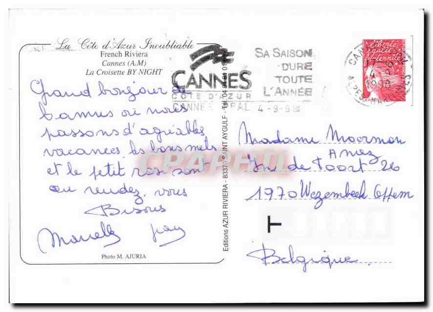 CPM La Cote d'Azur Inoubliable Cannes A M la Croisette by night  — Rückseite