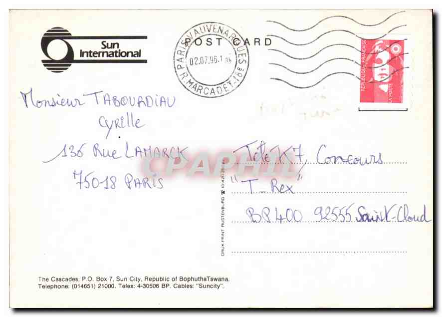 CPM Sun International The cascades PO box 7 sun city republic of Bophutha Tswana  — Rückseite