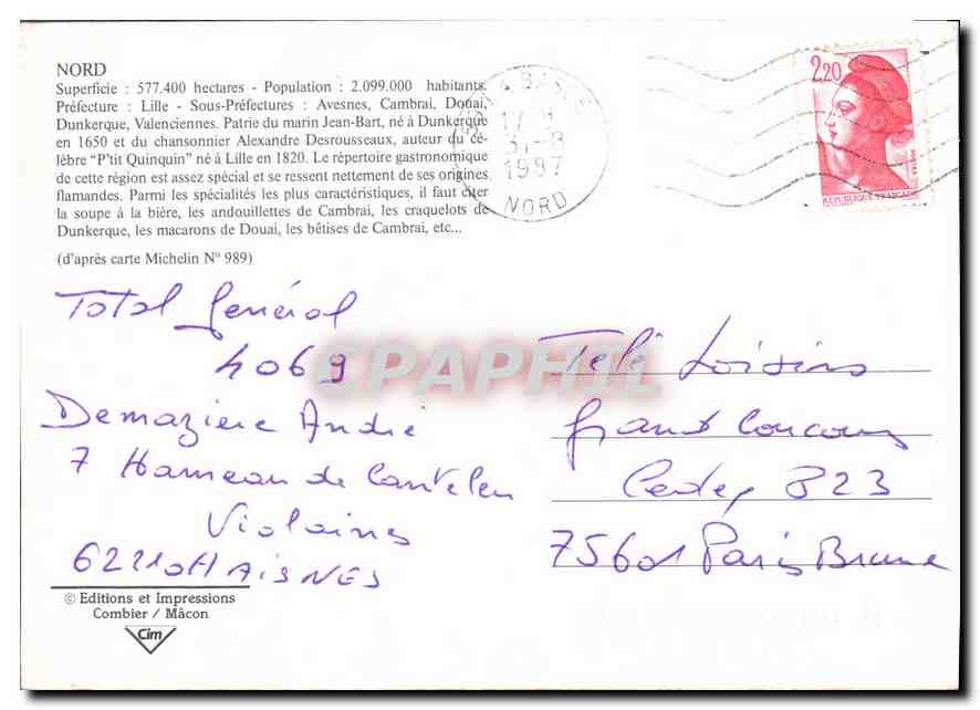 CPM Nord Prefecture l'Ille sous Prefectures Avesnes Cambral Doual Dunkerque Valencienne Patrie du Ma — Back