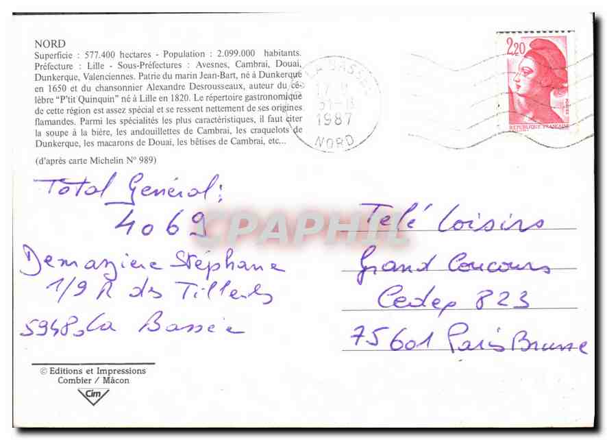 CPM Nord Prefecture l'Ille sous Prefectures Avesnes Cambral Doual Dunkerque Valencienne Patrie du Ma — Back