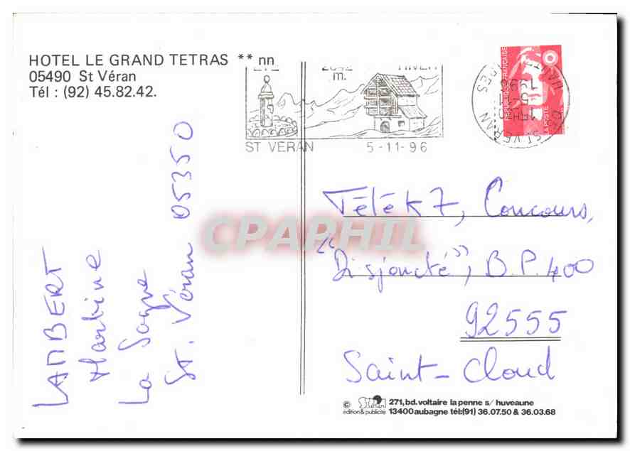 CPM Hotel le Grand Tetras St Veran  — Rückseite