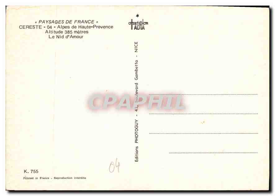 CPM Paysages de France Cereste Alpes de Haute Provence le Nid d'Amour  — Rückseite