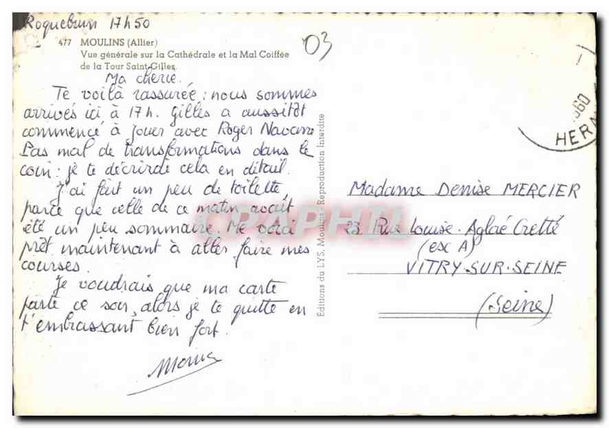 CPM Moulins Allier vue generale sur la Cathedrale et la Mal Coiffee de la Tour Saint Gilles  — Verso