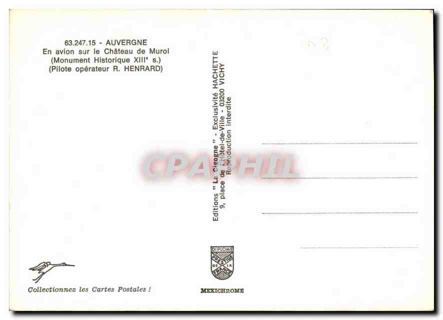 CPM Auvergne en avion sur le Chateau de Murol Monument historique XIII S Pilote operateur R Henrard  — Verso