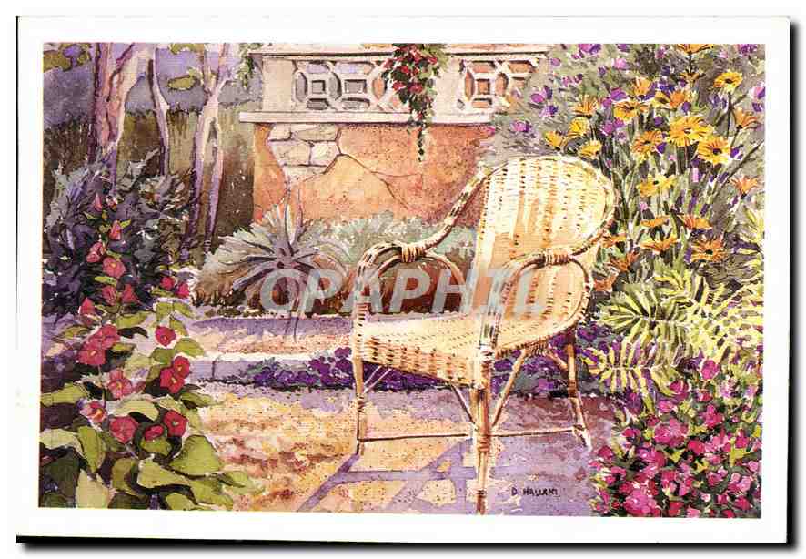 Chaise en rotin dans un jardin fleuri — Aquarelle de Danièle Hallant — Distribution Art et Eau Potable