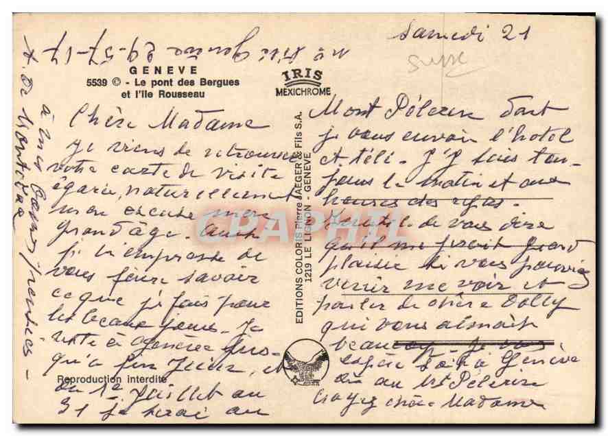 CPM Geneve Le pont des Bergues et l'Ile Rousseau  — Verso