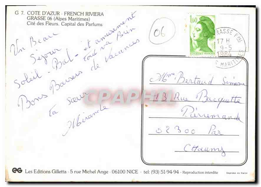 CPM Cote d'Azur French riviera Grasse Alpes Maritimes Cite des Fleurs capital des Parfums  — Rückseite