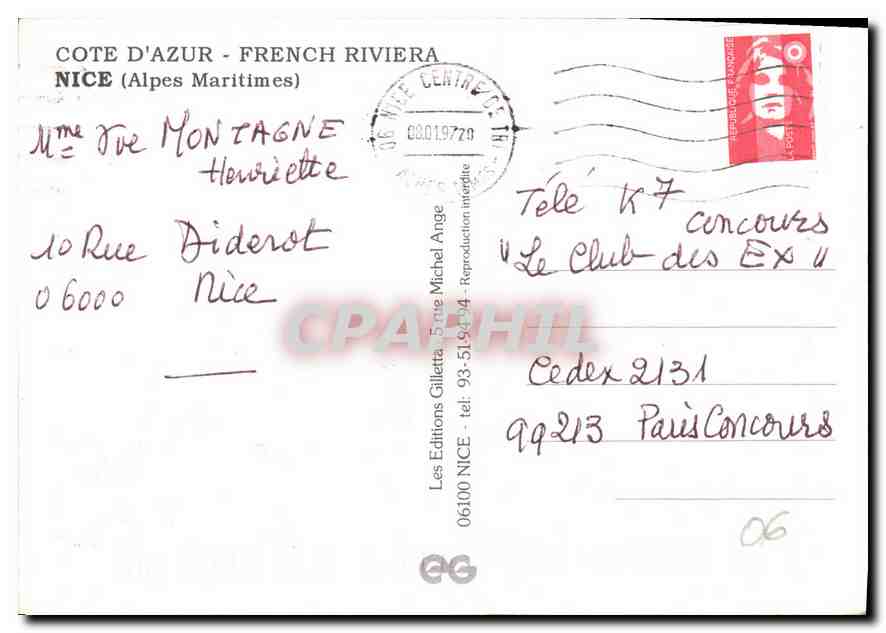 CPM Cote d'Azur French Riviera Nice Alpes Maritimes  — Verso