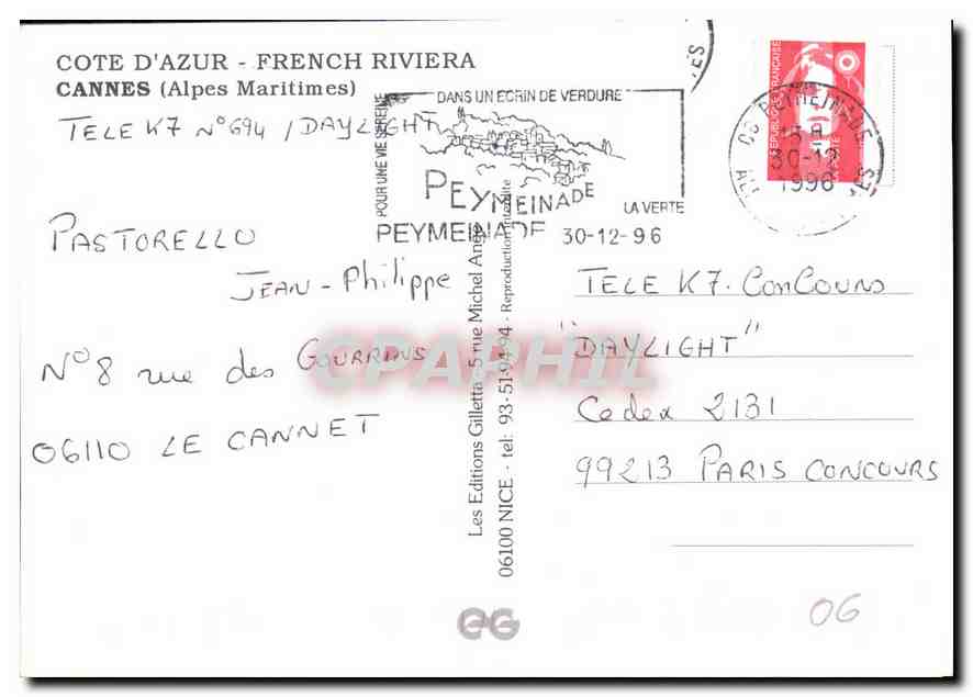 CPM Cote d'Azur French Riviera Cannes Alpes Maritimes  — Verso