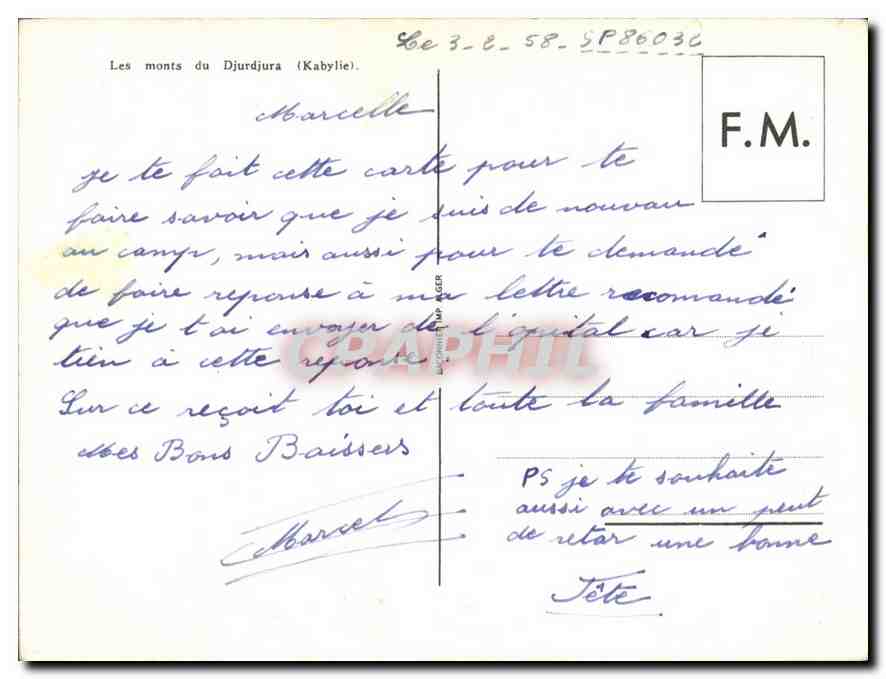 CPM Les Monts du Djurdjura Kabylie  — Verso