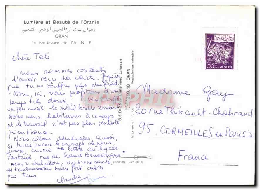 CPM Lumiere et Beaute de l'Oranie Oran Le boulevard de l'A. N. P.  — Rückseite