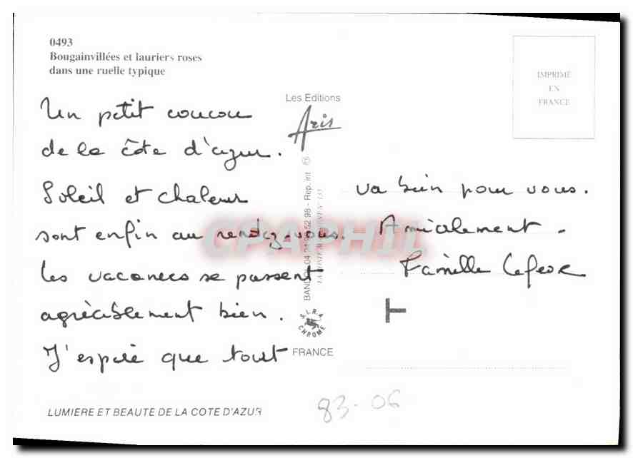 Bougainvillées et lauriers roses dans une ruelle typique — Côte d'Azur — Les Editions Aris, n° 0493 — Verso
