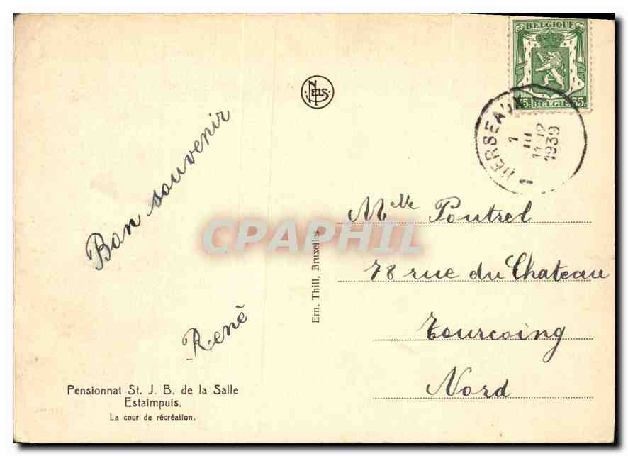 CPM Pensionnat St J B de la Salle Estaimpuis la cour de recreation  — Verso