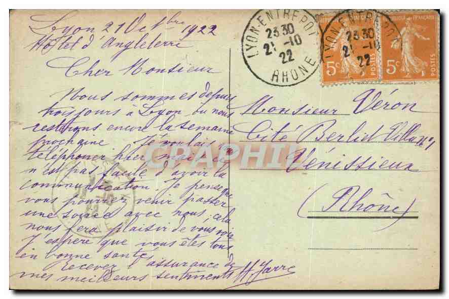 CPA Lyon Grand Hotel d'Angleterre  — Verso