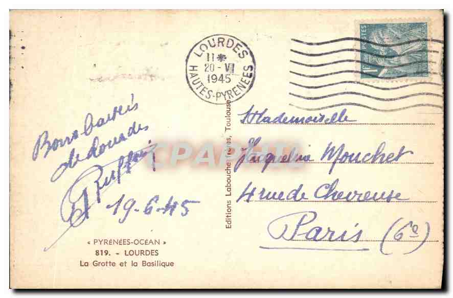 CPA Pyrenees Ocean Lourdes la Grotte et la Basilique  — Rückseite