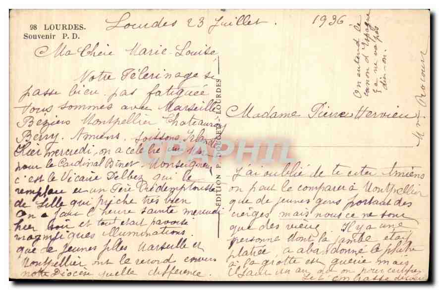 CPA Lourdes Souvenir  — Verso