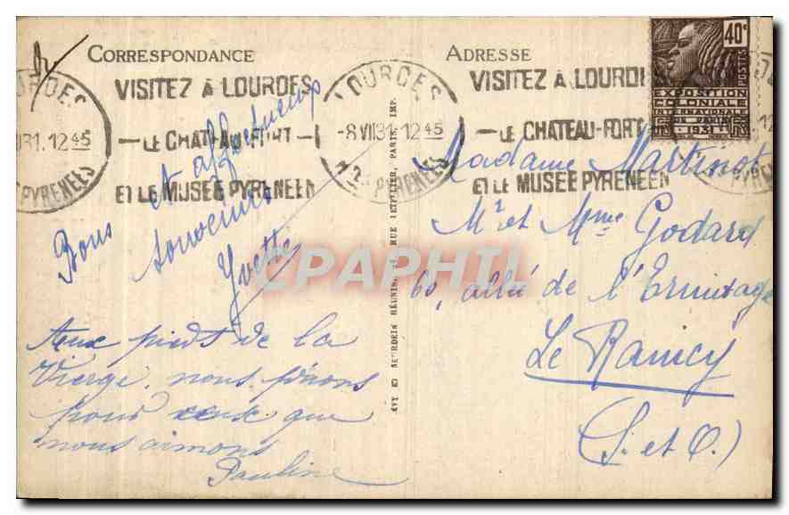 CPA Lourdes Le Chateau Fort  — Verso