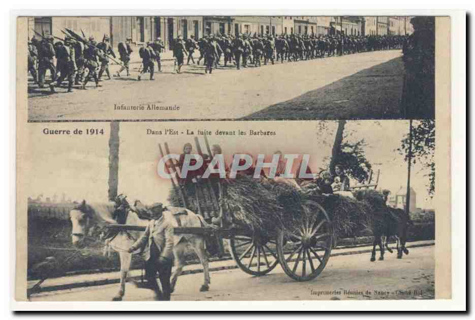 Infanterie Allemande Guerre de 1914 dans l'Est la fuite devant les barbares Charrette Exode Animation CPA