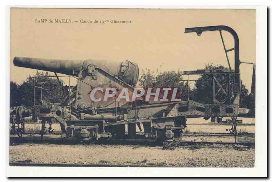 Camp de Mailly Canon de 190 mm Glissement Rail Chemin fer CPA