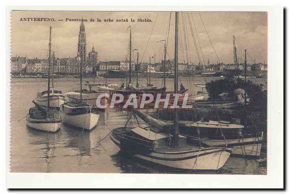 AnTVERPENO Panoramo de la urbo antan la Skeldo Bateaux Ships CPA