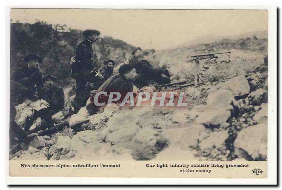 Nos chasseurs alpins mitraillant l'ennemi Our light infantery soldiers firing graveshot at the enemy Animation CPA