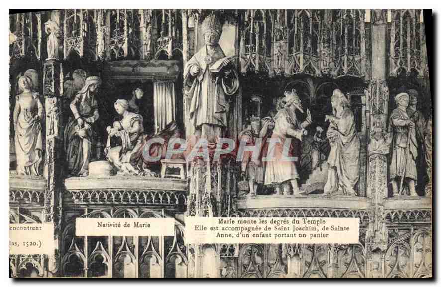 Nativité de Marie — Marie monte les degrés du Temple — scène sculptée, éditeur non identifié