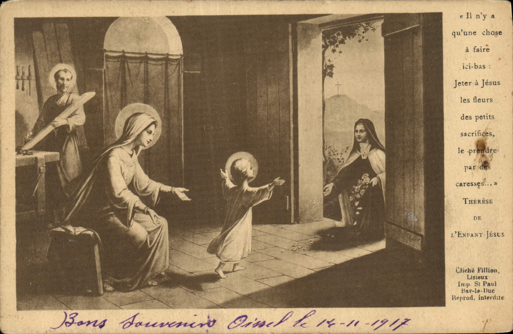 Thérèse de l'Enfant Jésus — scène de dévotion — Cliché Fillion, Lisiéux - Recto