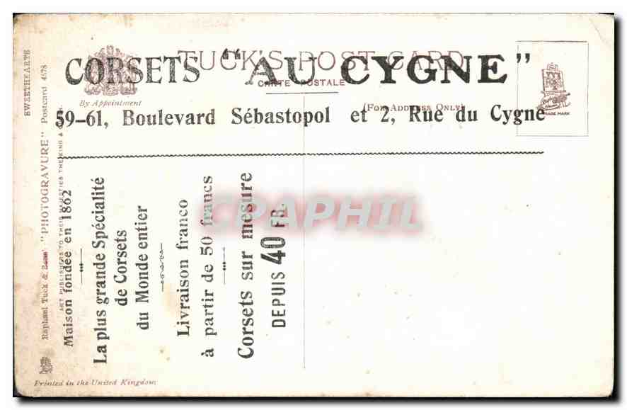 CPA La plus grande Specialite de Corsets du Monde entier Corsets Au Cygne Boulevard Sebastopol Rue d — Rückseite