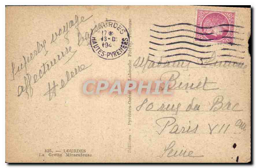 CPA Lourdes La Grotte Miraculeuse  — Verso