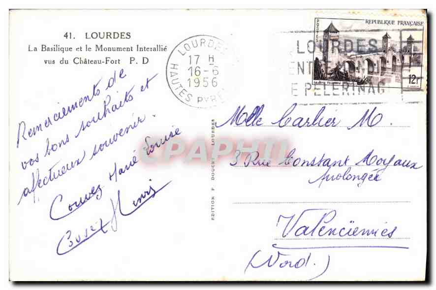 CPA Lourdes La Basilique et le Monument Interallie vue du Chateau Fort  — Verso