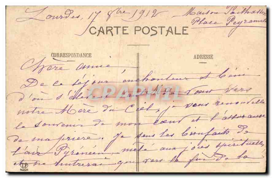 CPA Lourdes Bernadette — Verso