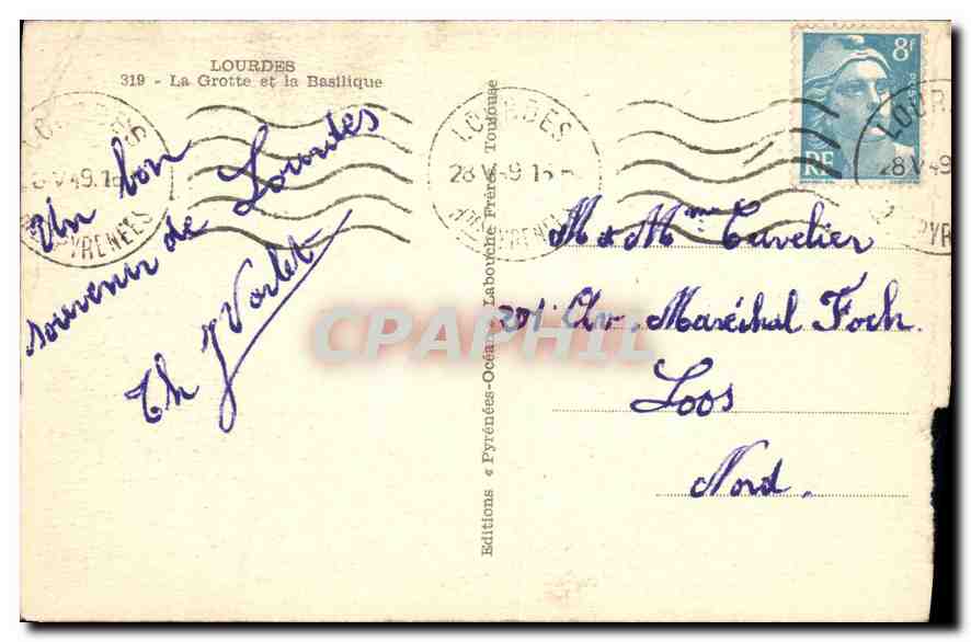CPA Lourdes La Grotte et la Basilique  — Verso