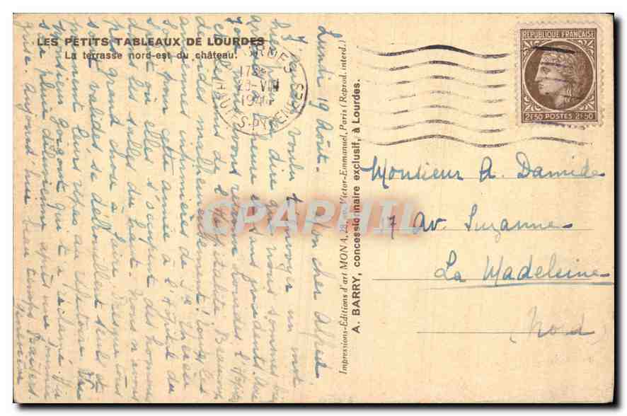 CPA Les Petis Tableaux de Lourdes  — Verso
