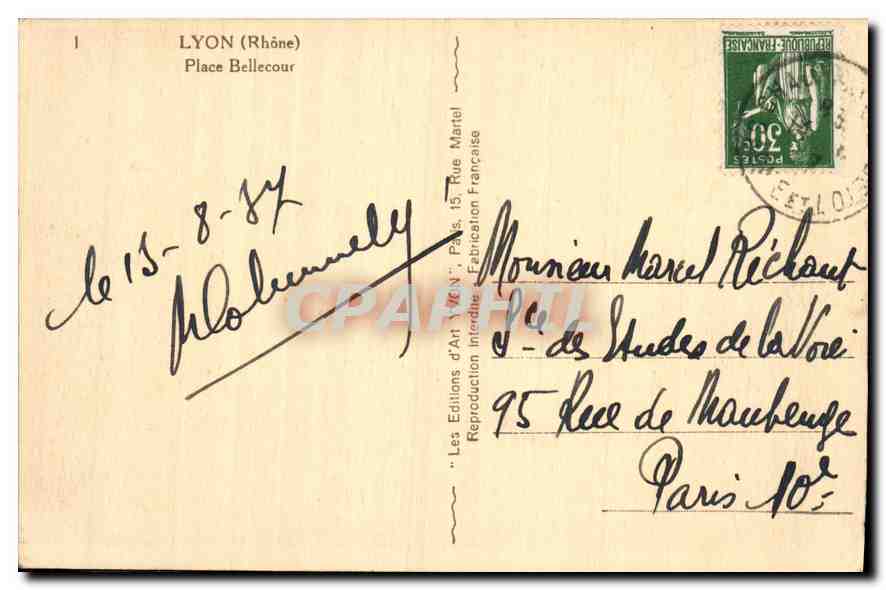 CPA Lyon Rhone Place Bellecour  — Verso