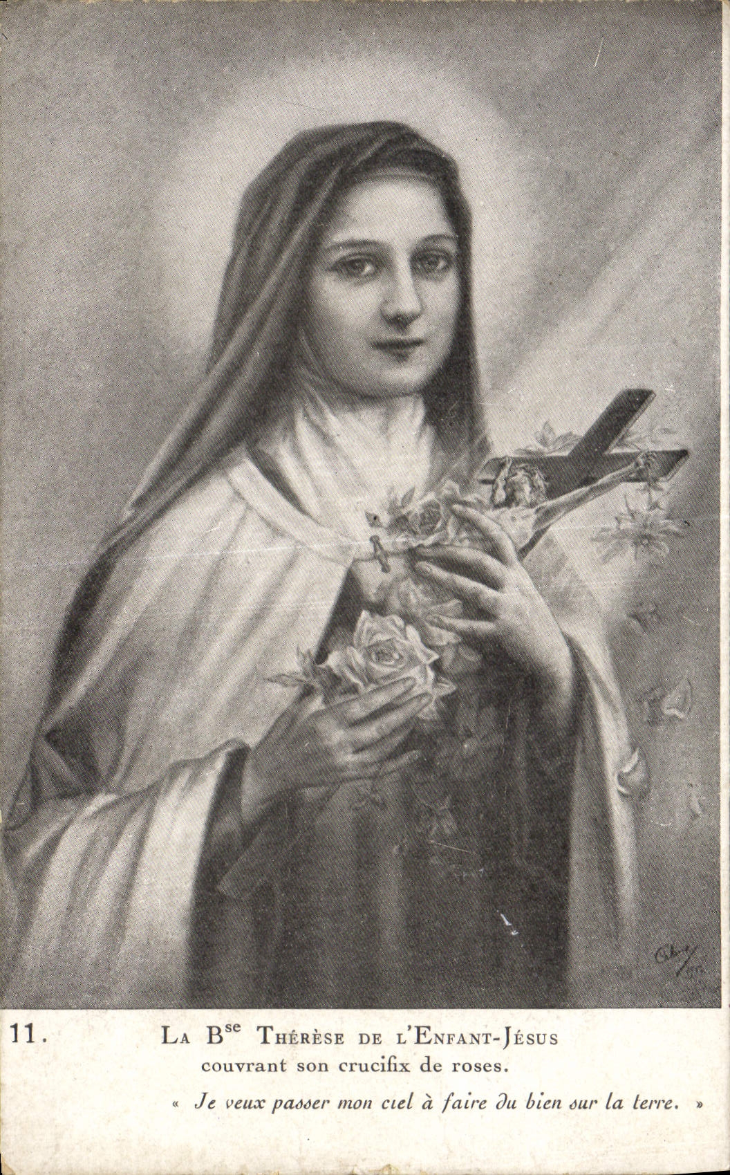Sainte Thérèse de l'Enfant-Jésus — couvrant son crucifix de roses — éditeur Chy, n°11