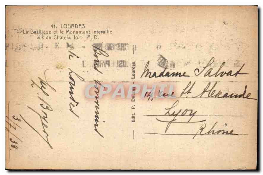 CPA Lourdes La Basilique et le Monument Interallie vus du Chateau fort  — Verso