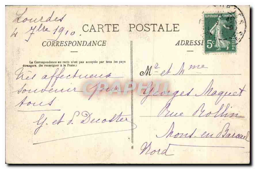 CPA Grotte de Notre de Lourdes  — Verso
