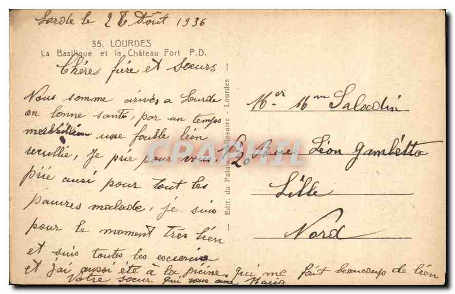 CPA Lourdes La Basilique et le Chateau Fort  — Verso