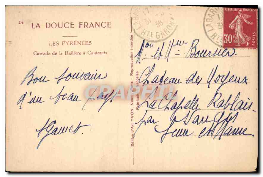 Cascade de la Raillère à Cauterets — Les Pyrénées — Éditeur YVON — Verso
