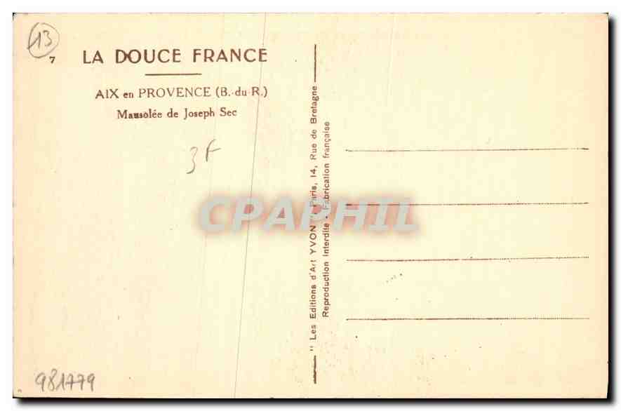 CPA Aix en provence B du R Mausolee de Joseph Sec  — Verso