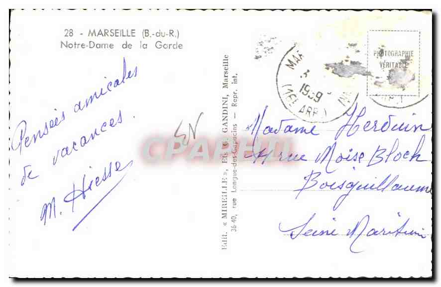 CPA Marseille Hiesse 1959  — Verso