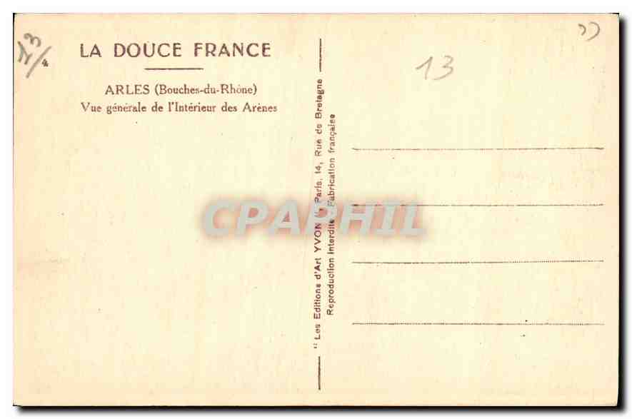 Arènes d'Arles — Vue générale de l'intérieur — Les Editions d'Art YVON, Paris — Verso
