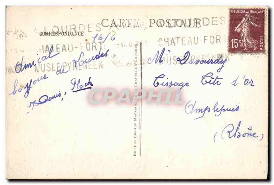 CPA Lourdes la Basilique et le monument interallie vus du Chateau Fort  — Verso