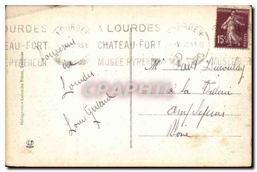 CPA Lourdes vue Plongeante sur l'esplanade la Basilique et la vallee du Gave  — Verso