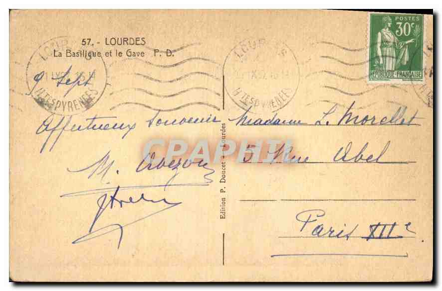 CPA Lourdes la Basilique et la Gave  — Verso