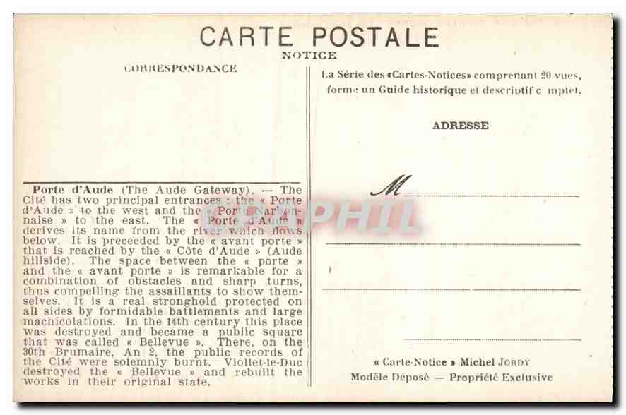 CPA The Cite of Carcassonne Porte d'Aude The Aude Gateway Notice  — Verso