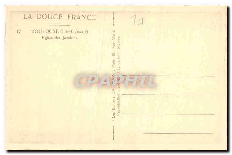 Toulouse (Hte-Garonne) — Église des Jacobins — Éditions d'Art Yvon, Paris — Verso
