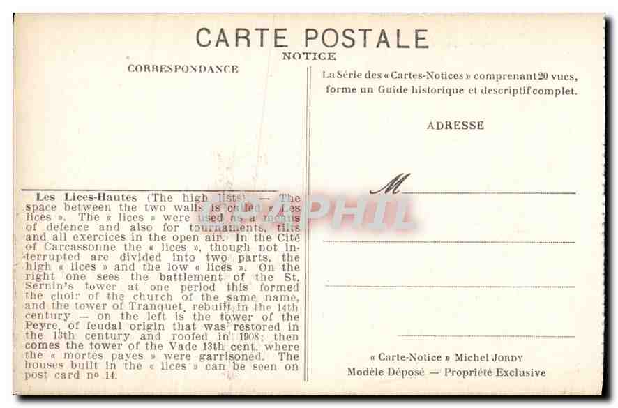 CPA The Cite of Carcassonne Les Lices Hautes Notice  — Rückseite