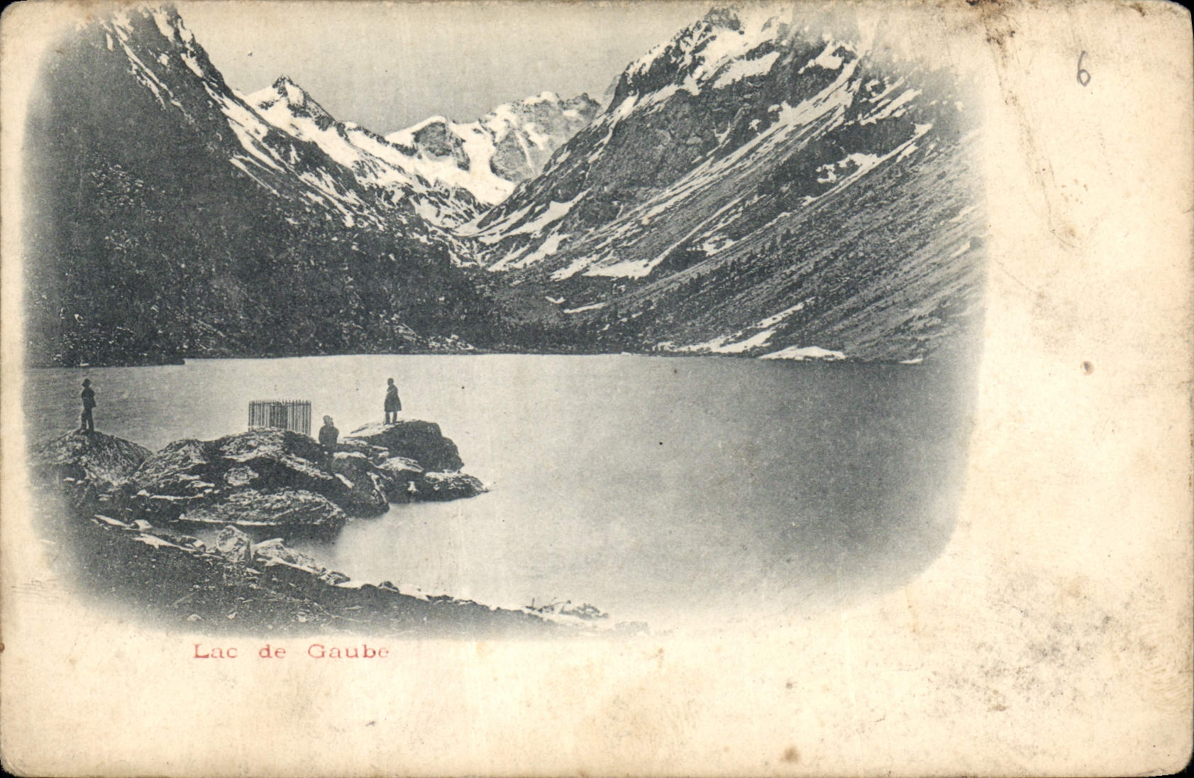 Lac de Gaube — vue alpine avec deux silhouettes — éditeur inconnu, n°6